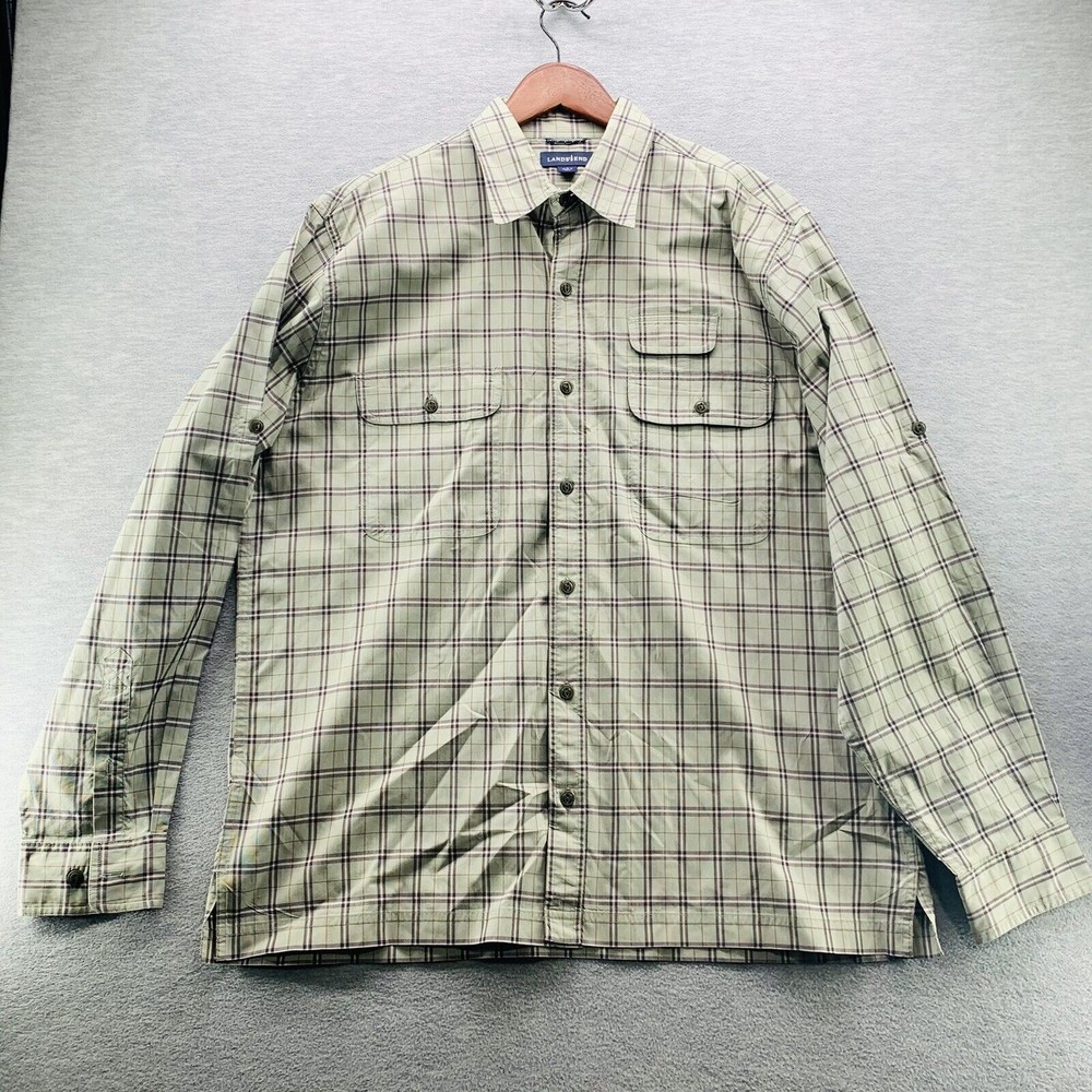 Lands' End Men Green Plaid Button Up Shirt Size 16-16 1/2 (A39)